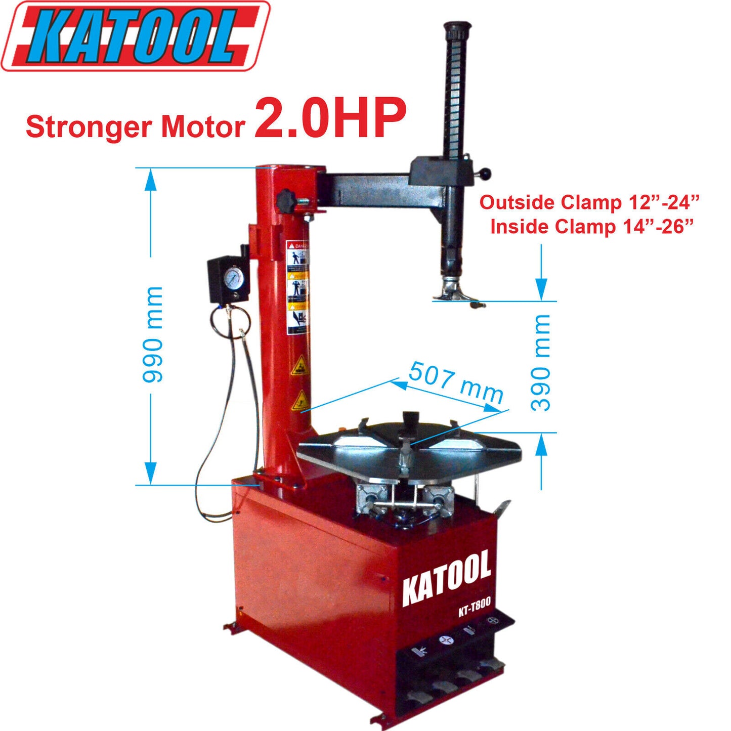 Red Katool tire changer machine with specifications on a white background