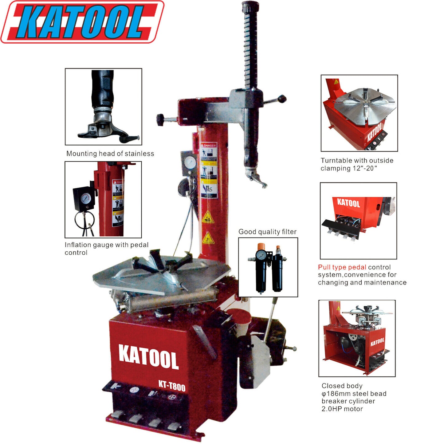 Red Katool tire changer machine with features highlighted on a white background