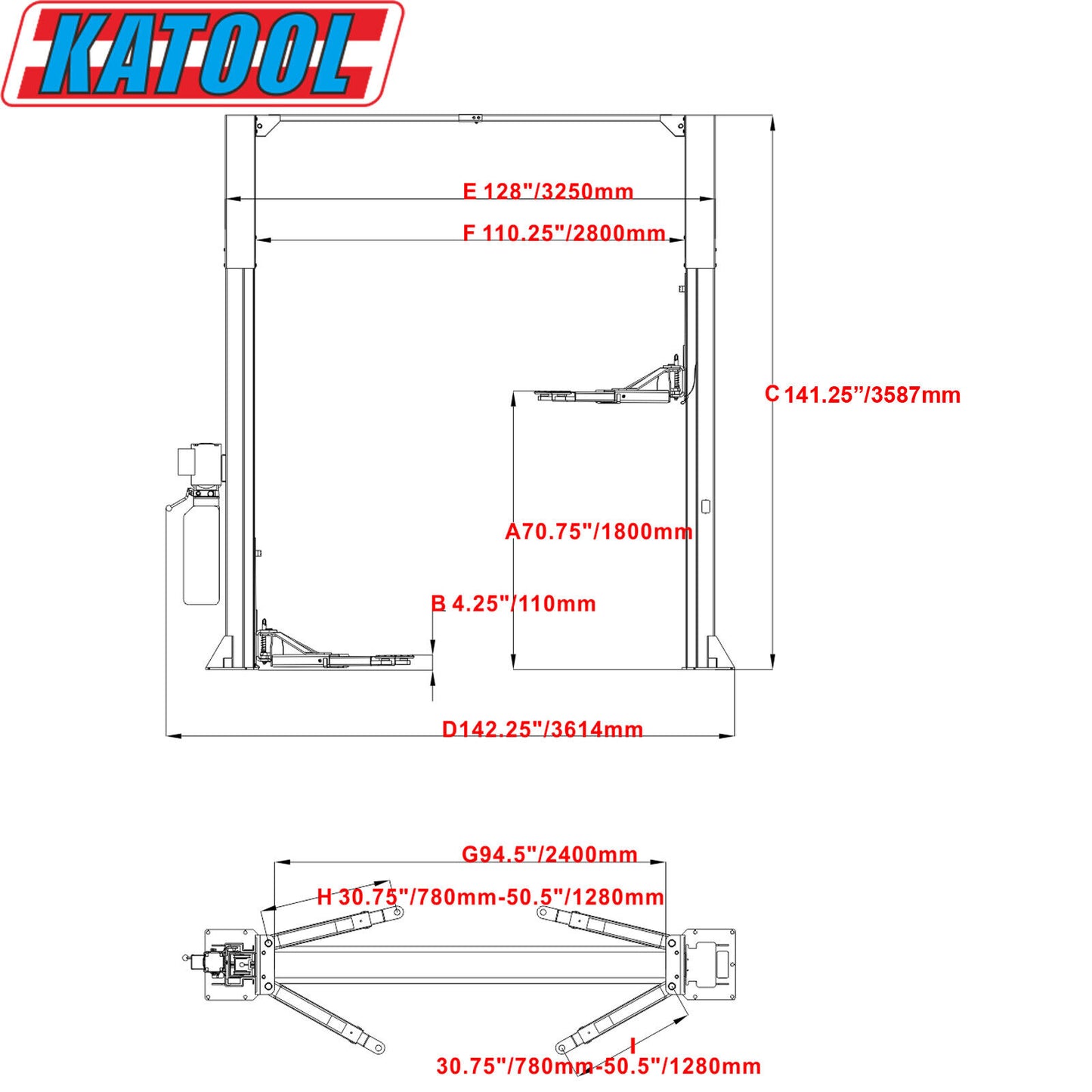 KATOOL KT-M110 11000 lbs. Clear Floor Two Post Lift