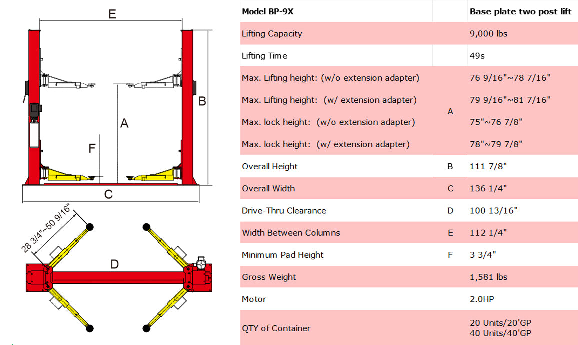 bp-9x two post lift specifications