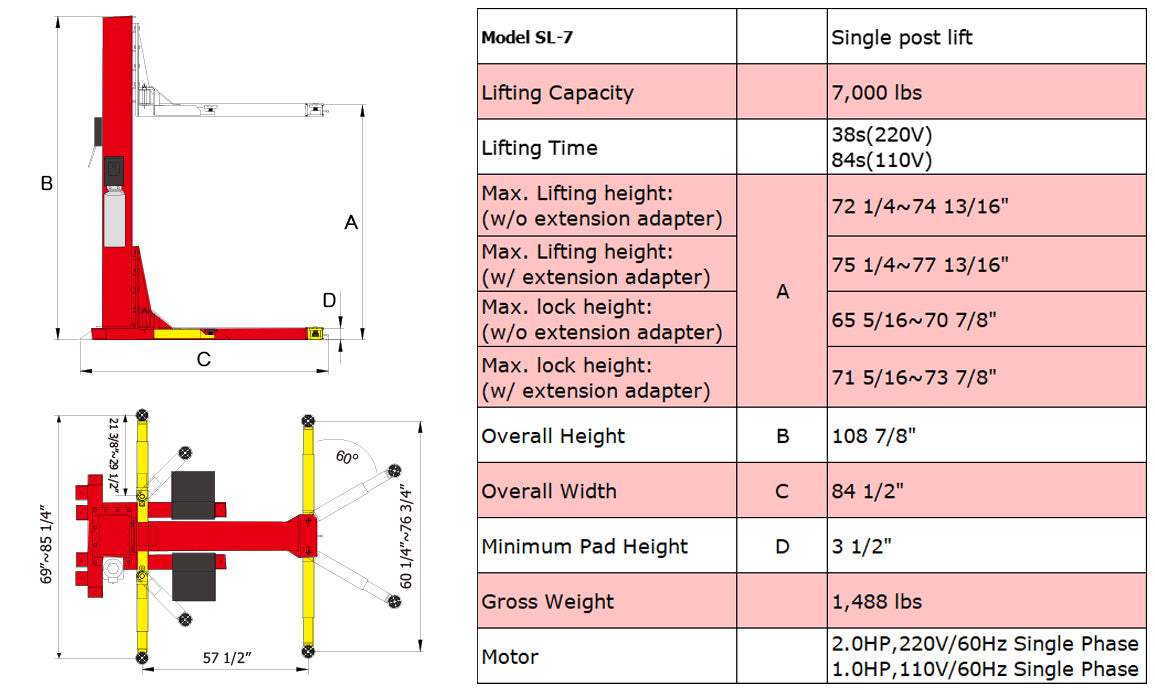 AMGO SL-7 7,000lb Single Column Lift