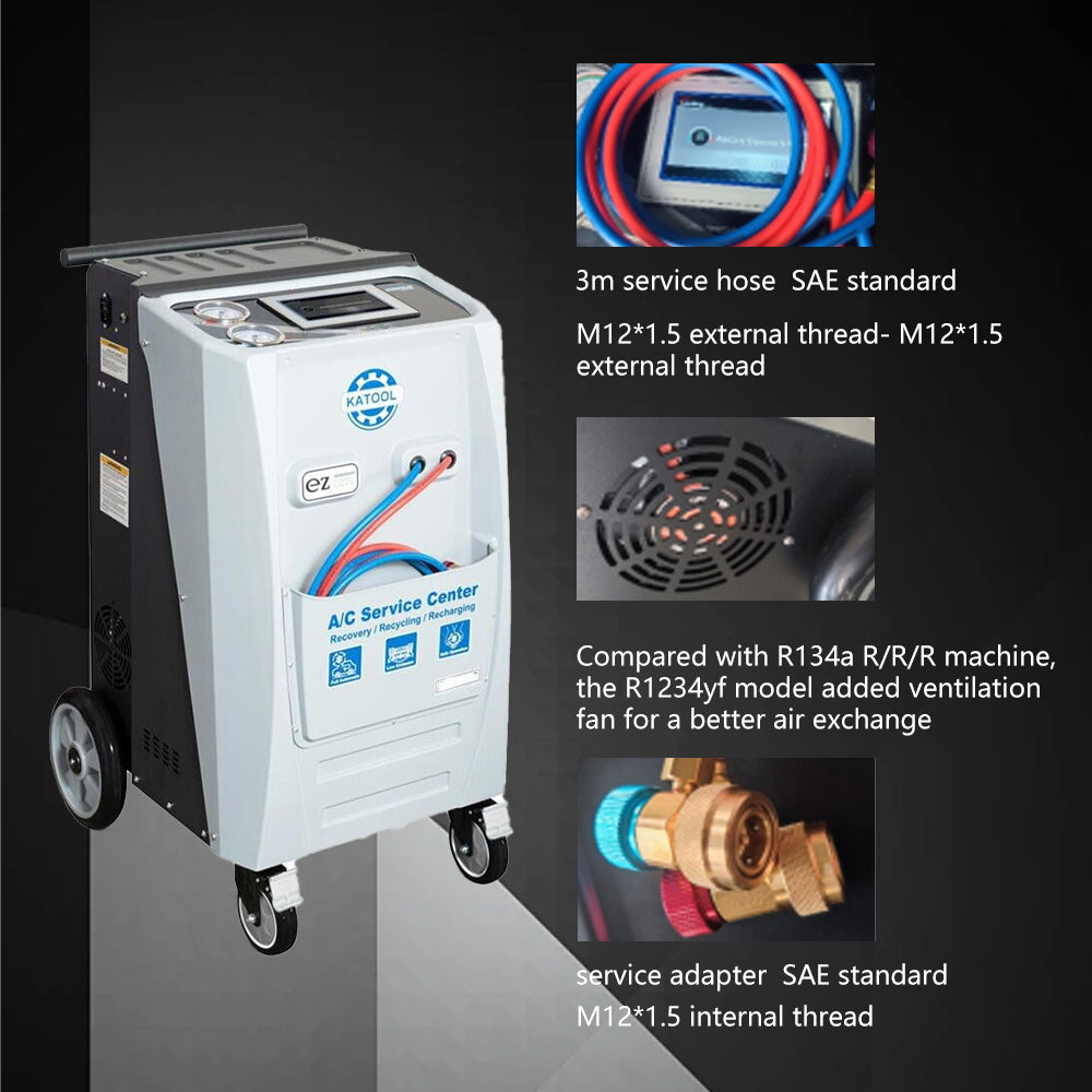 AC service center machine with hoses and connectors on a dark background