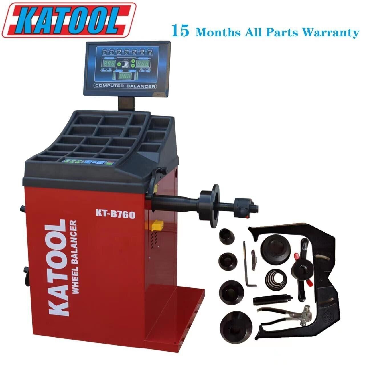 KATOOL KT-B760 Wheel Balancer with Laser and Automatic Ruler that shows warranty for balancer