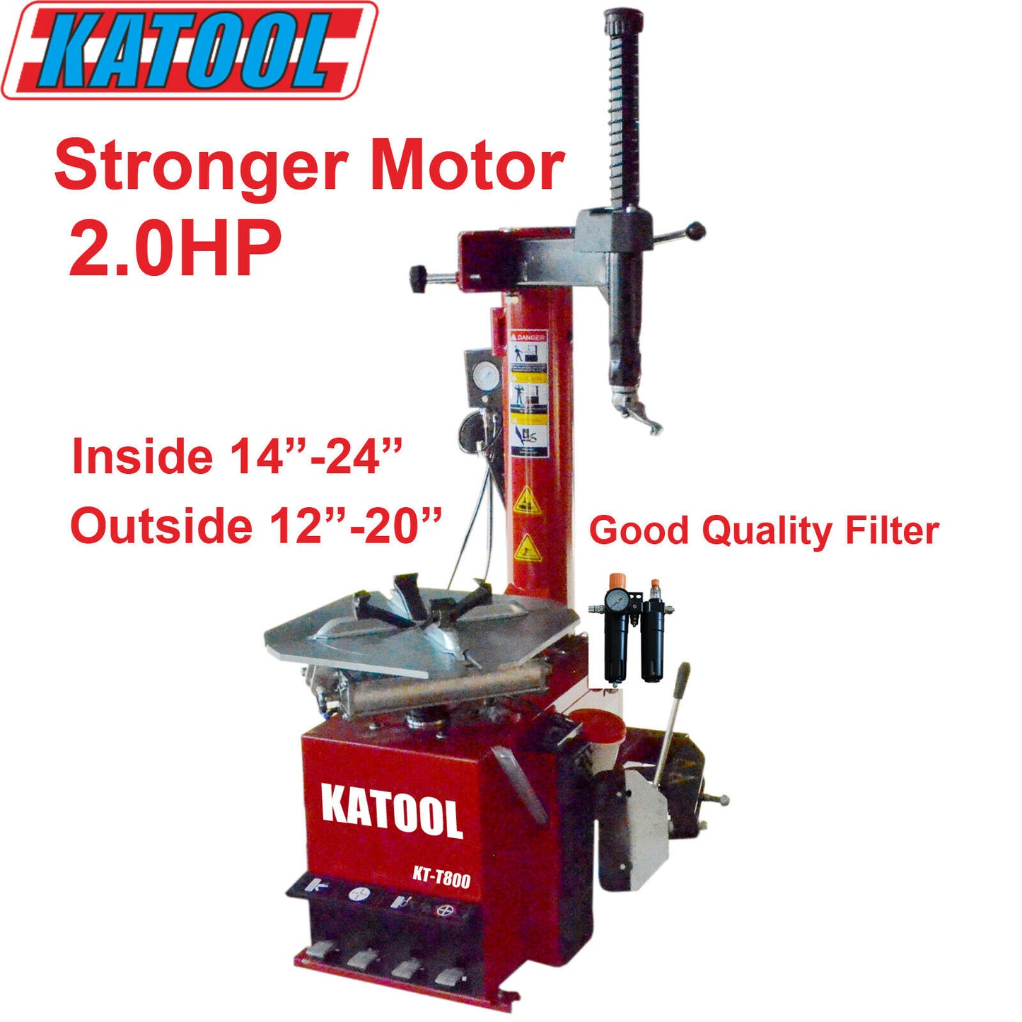 Red Katool KT-T800 tire changer machine with inside and outside tire specs