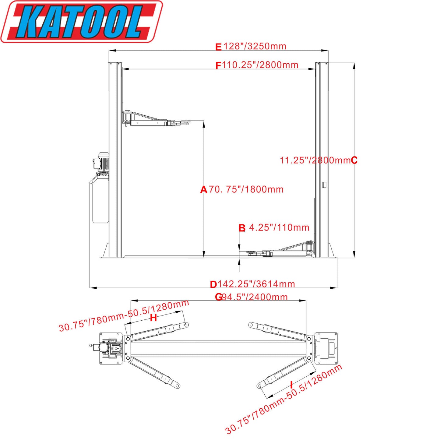 Technical drawing of a Katool KT-H100 product with dimensions labeled