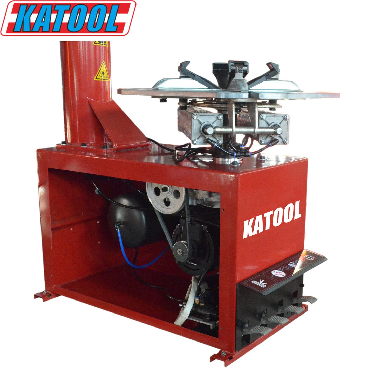 Red machine with 'Katool' branding on a white background showing inside of tire changer machine
