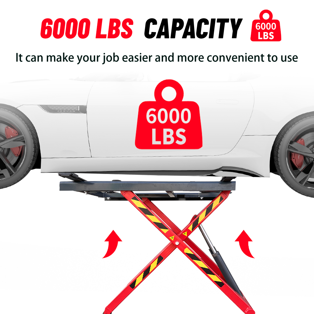 Katool KT-X66 Mid Rise Scissor Lift flier with car on the lift showing weight capacity