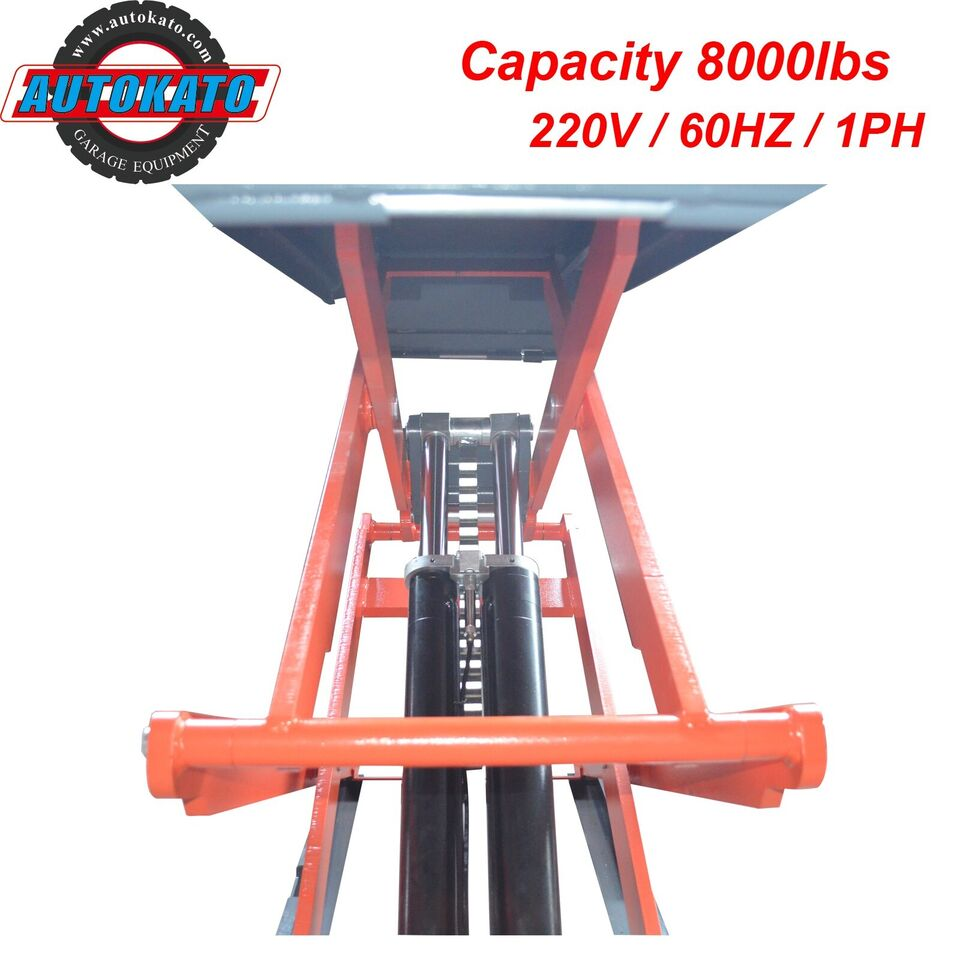 Red hydraulic lift table with capacity 8000lbs and specifications on a white background