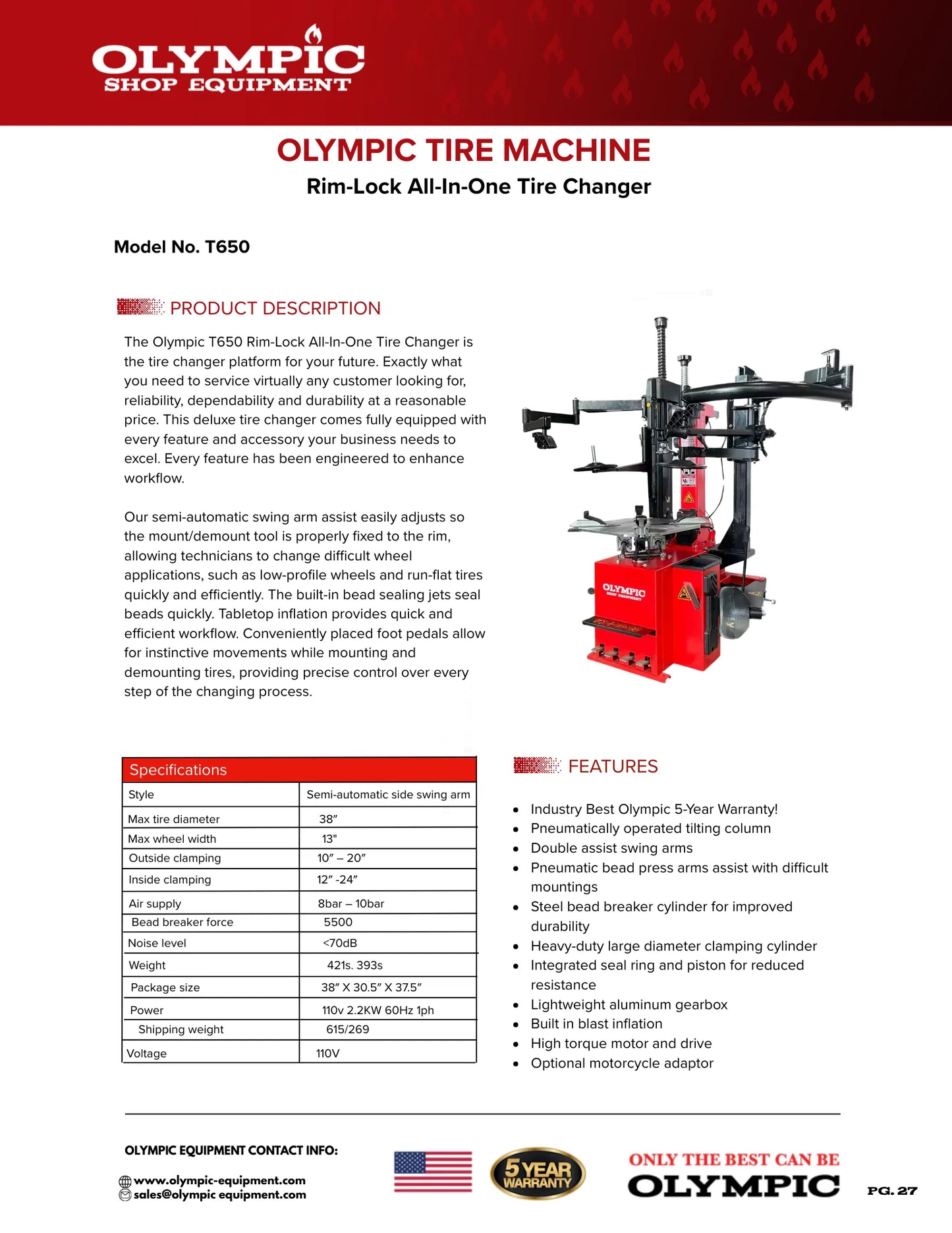 Olympic T650 Rim-Lock All-In-One Tilt Back Tire Changer
