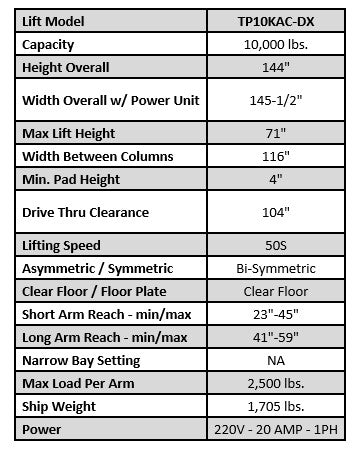 iDEAL TP10KAC-DX ALI Certified 10,000lb Clear Floor Two Post Lift - Bi-Symmetric Arms