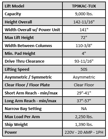 Tuxedo TP9KAC-TUX Clear Floor 9,000lb Two Post Lift