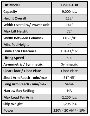 Tuxedo TP9KF-TUX 9,000lb Two Post Lift