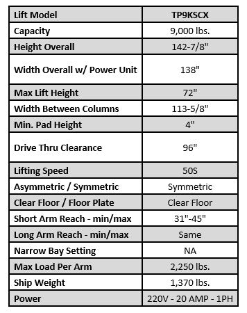Tuxedo TP9KSCX 9,000lb Clear Floor Two Post Lift - Symmetric Arms