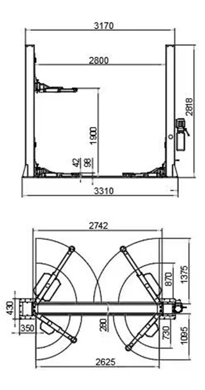 Technical drawing of a KATOOL KT-H120D 2 post lift with dimensions