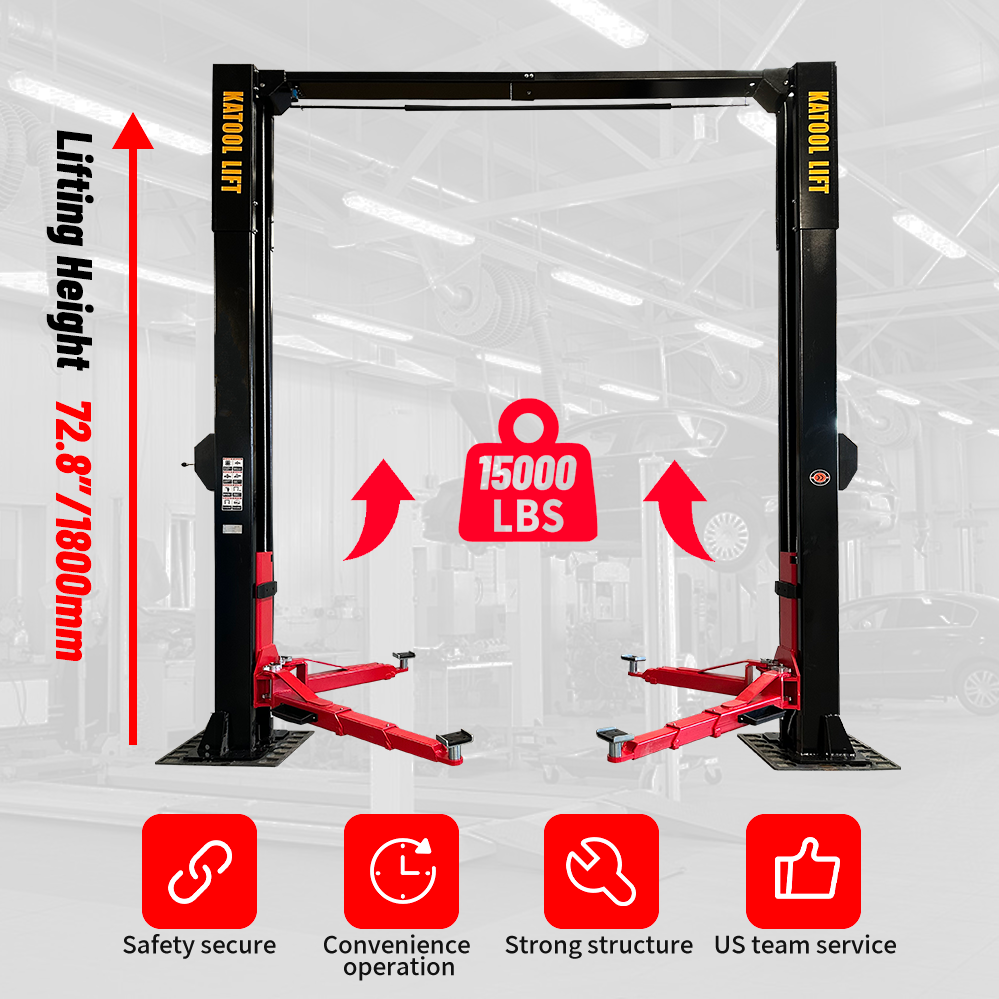 KATOOL 15k Two-post car lift with specifications and features on a white background