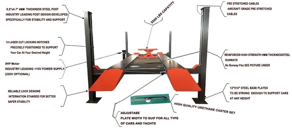 Technical diagram of a car lift with labeled features on a white background