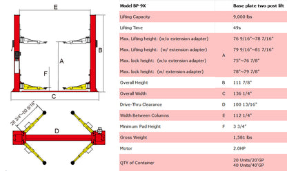 bp-9x two post lift specifications