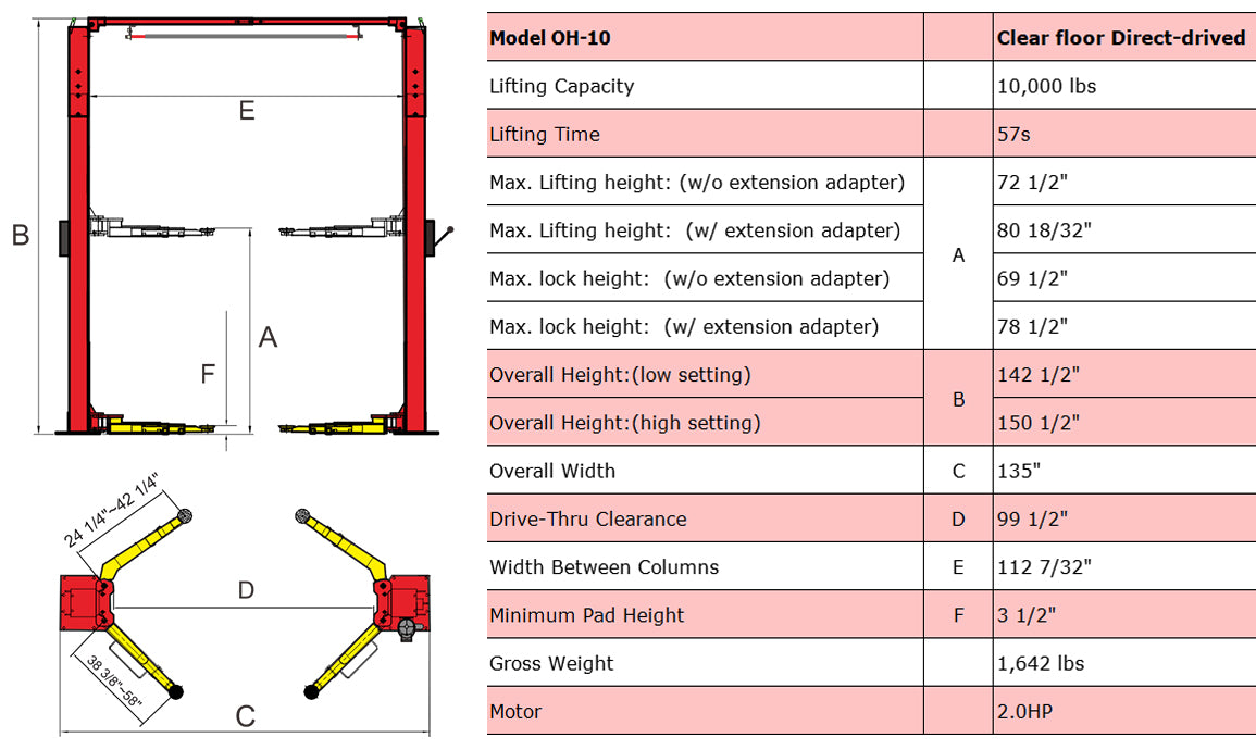 oh-10 two post lift specifications