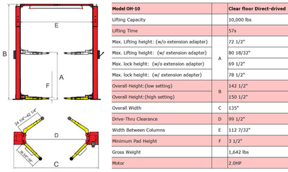 oh-10 two post lift specifications