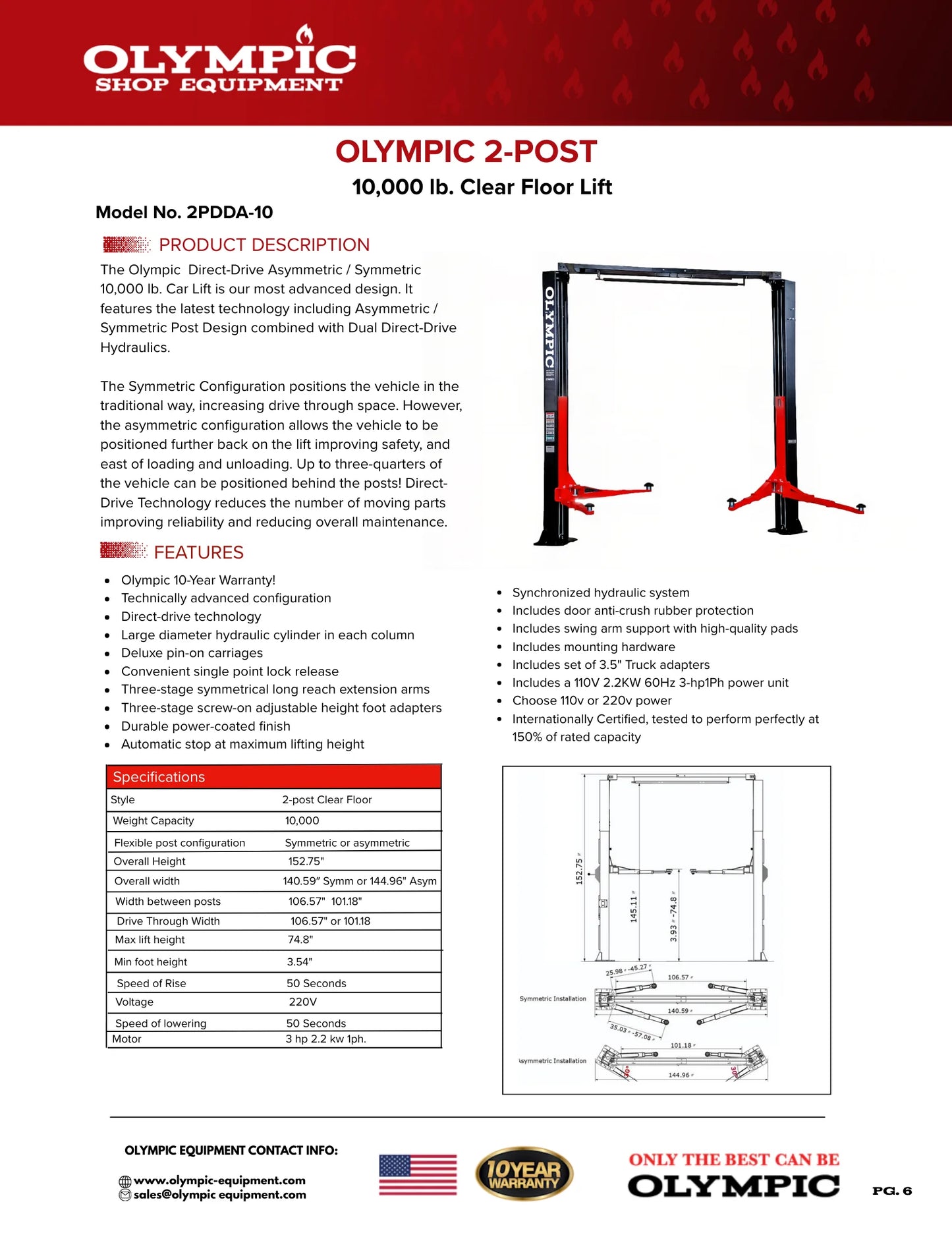 Olympic 2PDDA-10 10,000 lb. Asymmetric-Symmetric Two Post Lift