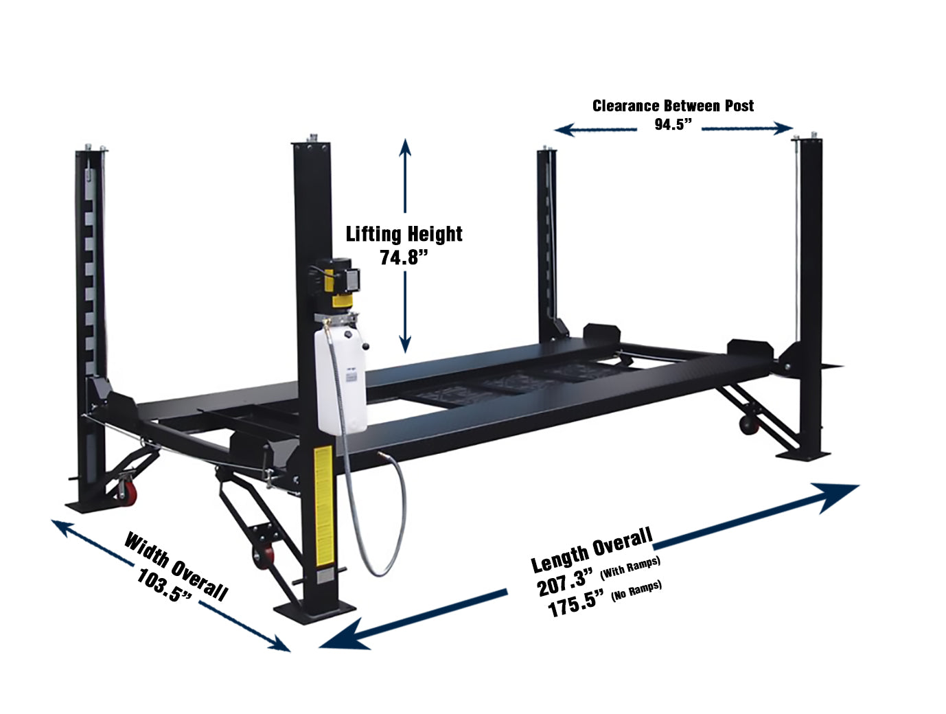 Tuxedo 8,000lb Four Post Storage Lift - FP8K-DX (With Poly Casters, Drip Trays, Jack Tray)