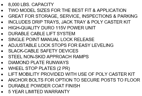 Tuxedo FP8K-DX Deluxe Four Post Lift With Casters, Drip & Jack Tray