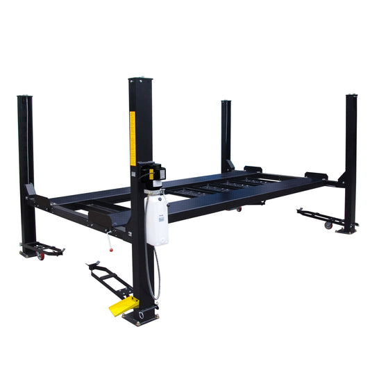 Tuxedo 9,000lb Deluxe Four Post Storage Lift Extended Length / Height - FP9K-DX-XLT (With Poly Casters, Drip Trays, Jack Tray)