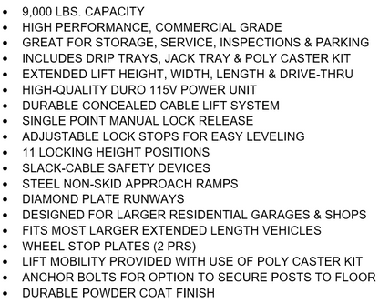 Tuxedo FP9K-DX-XLT 9,000lb Four Post Lift - Extra Length / Height