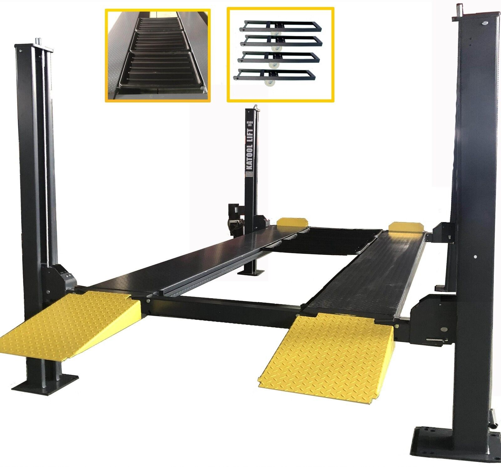 8,500 lb KATOOL four post lift with accessories included in the image