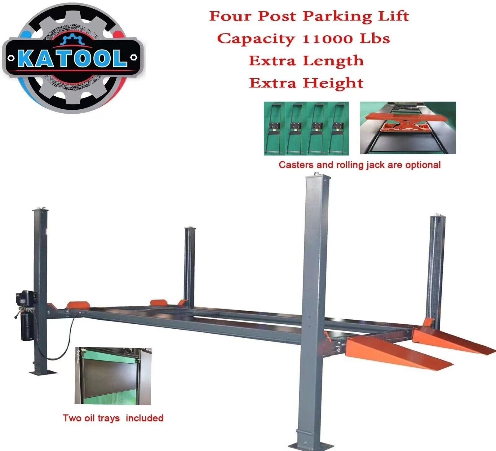 Katool four-post parking lift with capacity details and features on a white background