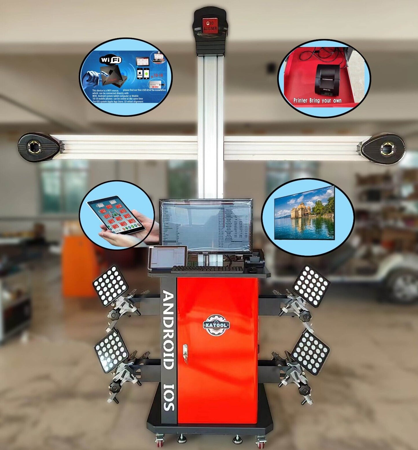 Automotive alignment machine with multiple screens and features highlighted in a blurred office setting.