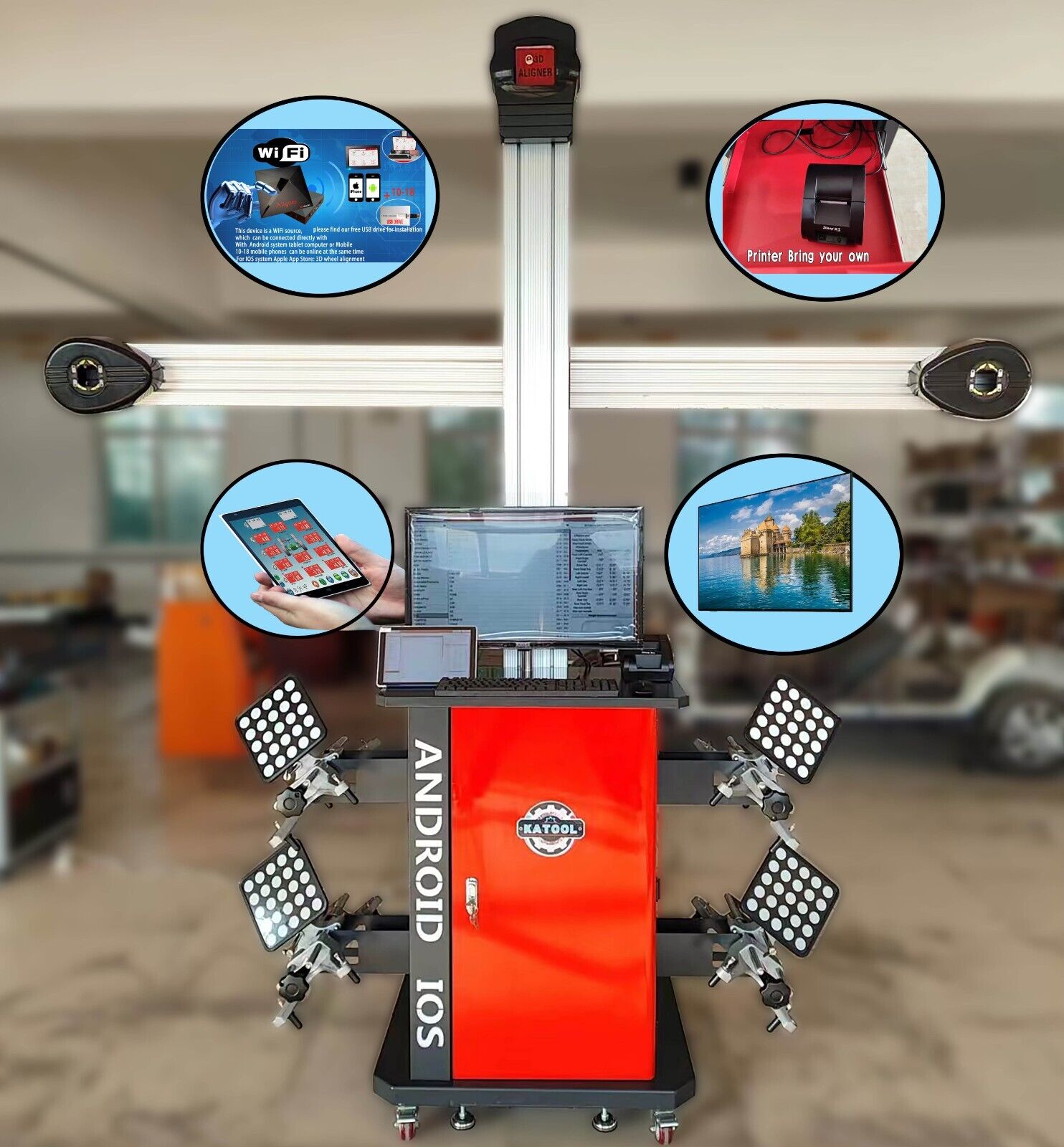 Automotive alignment machine with multiple screens and features highlighted in a blurred office setting.