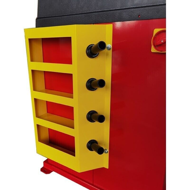 KATOOL KT-B795L Truck Wheel Balancer side view with the yellow rack
