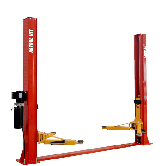 Red Katool car lift with yellow platform on a white background