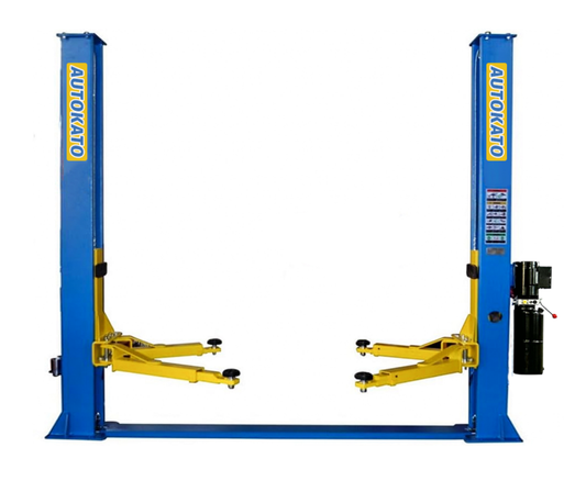KT-H115Z Blue and yellow two post auto lift with 'Autokato' branding on a white background
