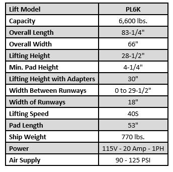 Tuxedo Low Rise Pit Lift 6,000lb Capacity - PL6K