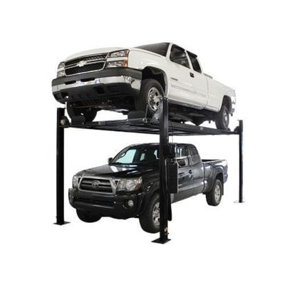 Atlas PRO8000EXT-L Extra Tall, Extra Long Portable 4-Post Lift 8000 lb. Capacity with truck on lift and car being stored underneath