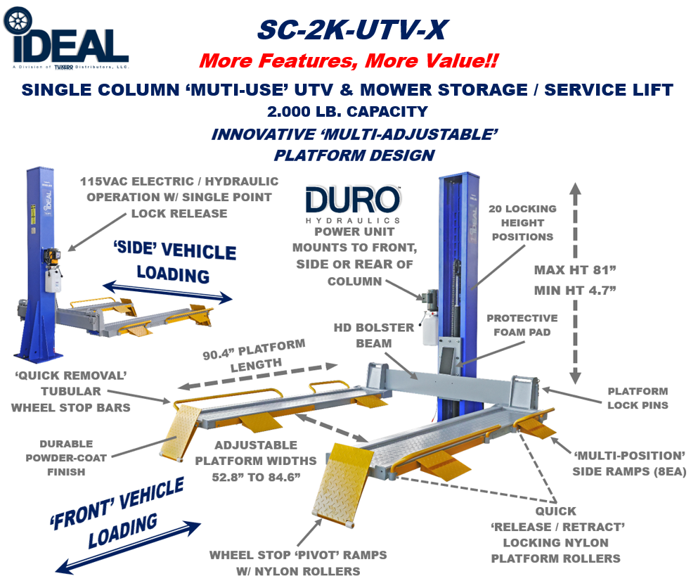 Single Column Multi-Use UTV & Mower Storage / Service Lift - SC-2K-UTV-X