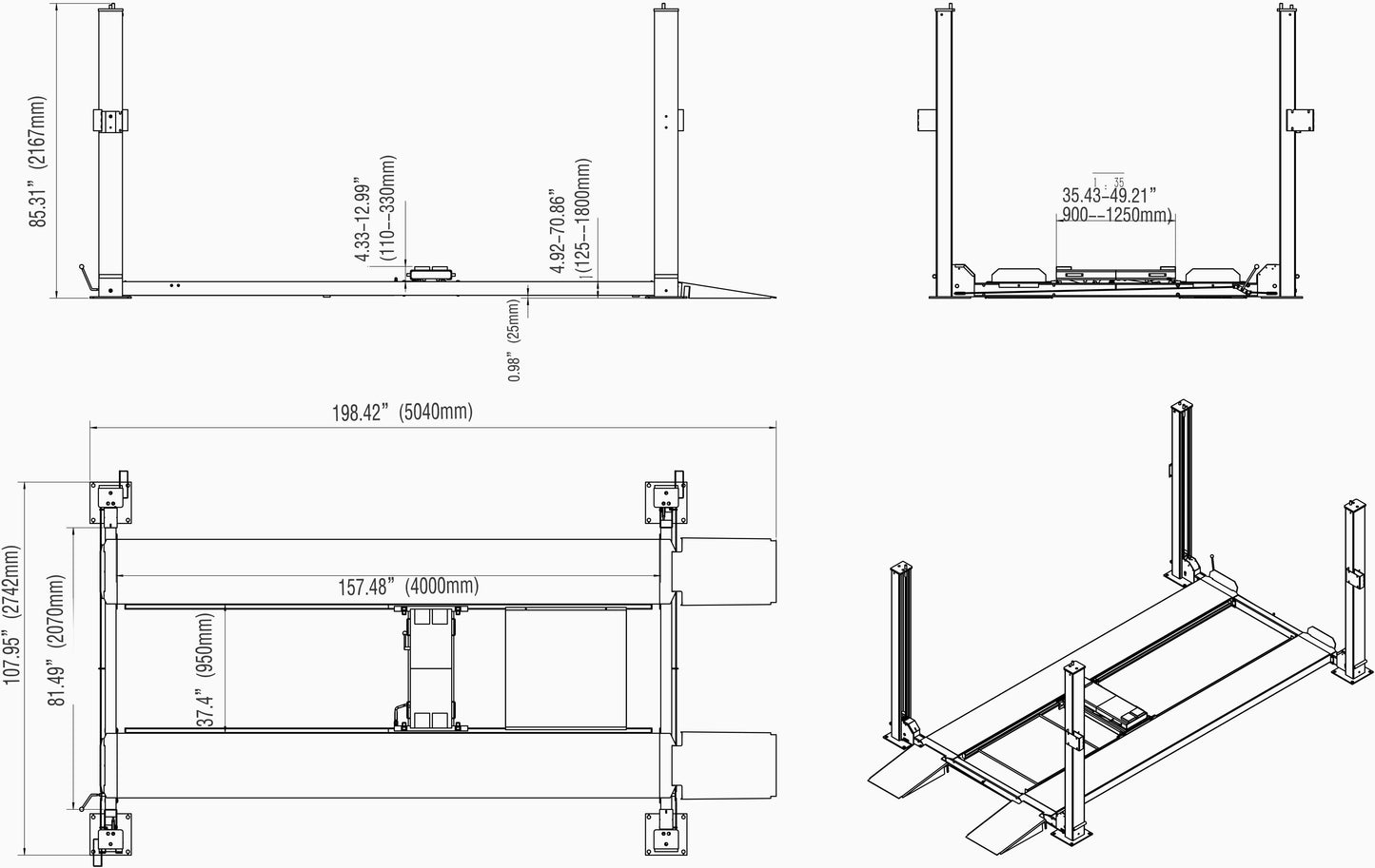 dimensions and drawings of KATOOL 8500 lb four post lift