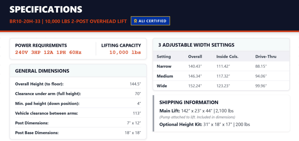 Daytona BR10-20H-33 10,000LB Capacity ALI Certified Two Post Overhead Lift