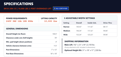 Daytona BR10-20H-33 10,000LB Capacity ALI Certified Two Post Overhead Lift
