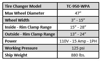 Tuxedo TC-950-WPA Tire Changer With Assist Arm