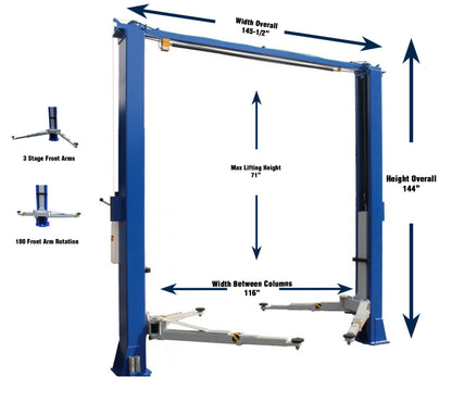 iDEAL TP10KAC-DX ALI Certified 10,000lb Clear Floor Two Post Lift - Bi-Symmetric Arms