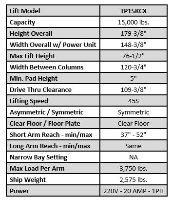 Tuxedo TP15KCX 15,000lb Clear Floor Two Post Lift