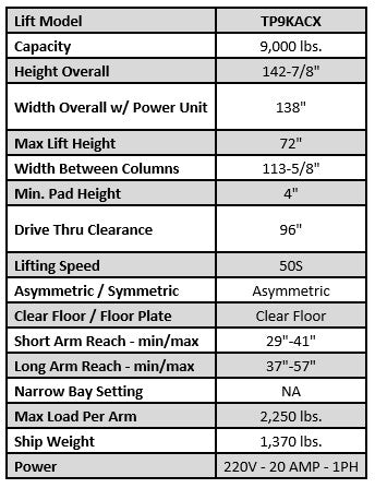Tuxedo TP9KACX 9,000lb Clear Floor Two Post Lift - Asymmetric
