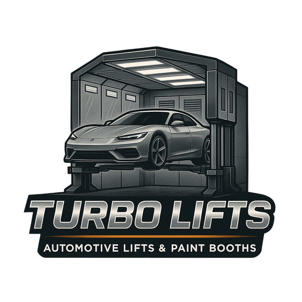 Logo of Turbo Lifts with a car on an automotive lift and paint booth on a white background