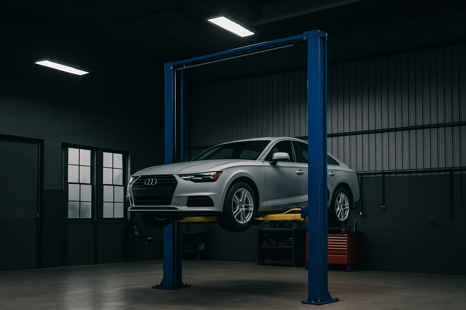 Two Post car lift in a dark garage