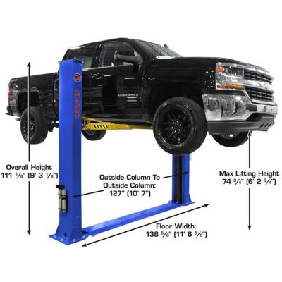 Atlas PVL9BP Platinum ALI Certified Baseplate 2 Post Lift showing the specs of the two post lift