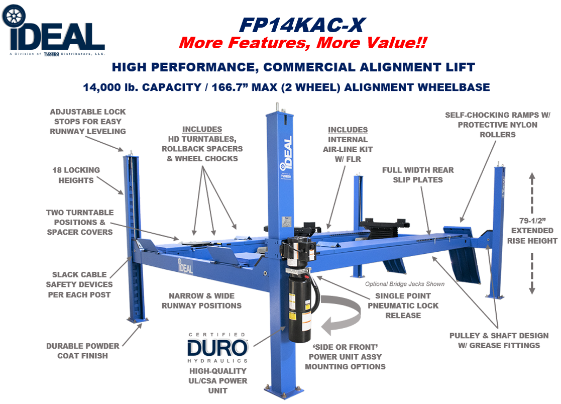 iDeal 14,000lb Four Post Alignment Lift - FP14KAC-X (Cable Pull)