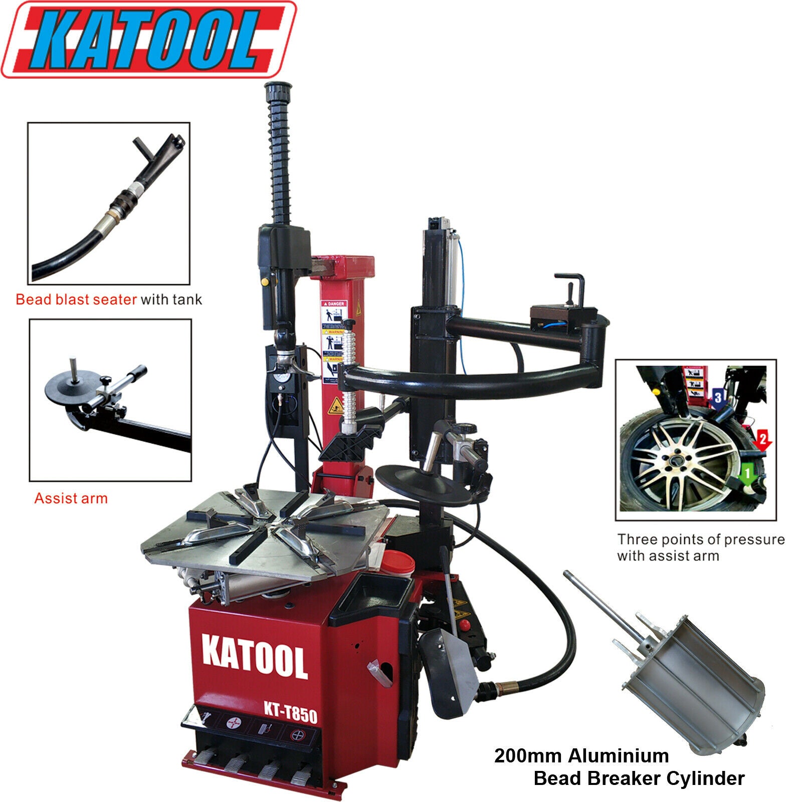 kt-t850 tire changer showing components such as assist arm and bead blaster